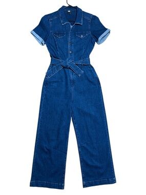 Paige Anessa Short Sleeve Denim Ankle Crop Wide Leg Jumper In Jelma Wash Sz 6